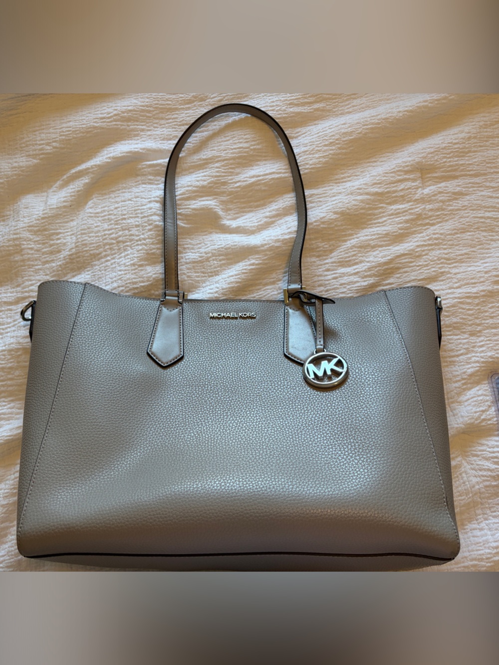 Michael Kors Light Gray Pebbled Leather Tote with MK Charm